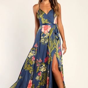 NWT. Still the One Blue Floral Print Satin Maxi Dress